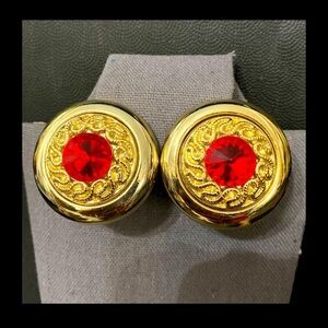 Vintage 80’s Circle Gold Tone & Red Acrylic button clip-on Earrings